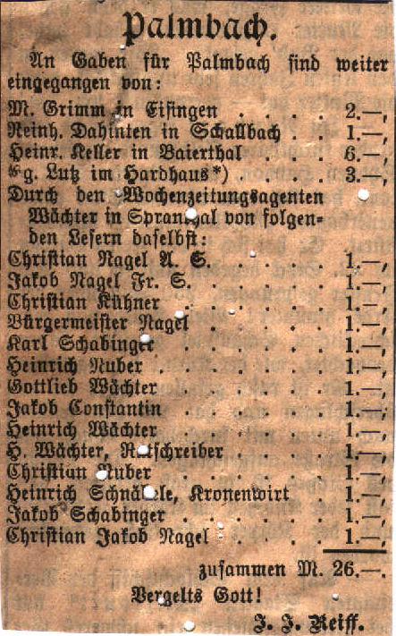 Spendenliste für den Kirchenbau in Palmbach 1906